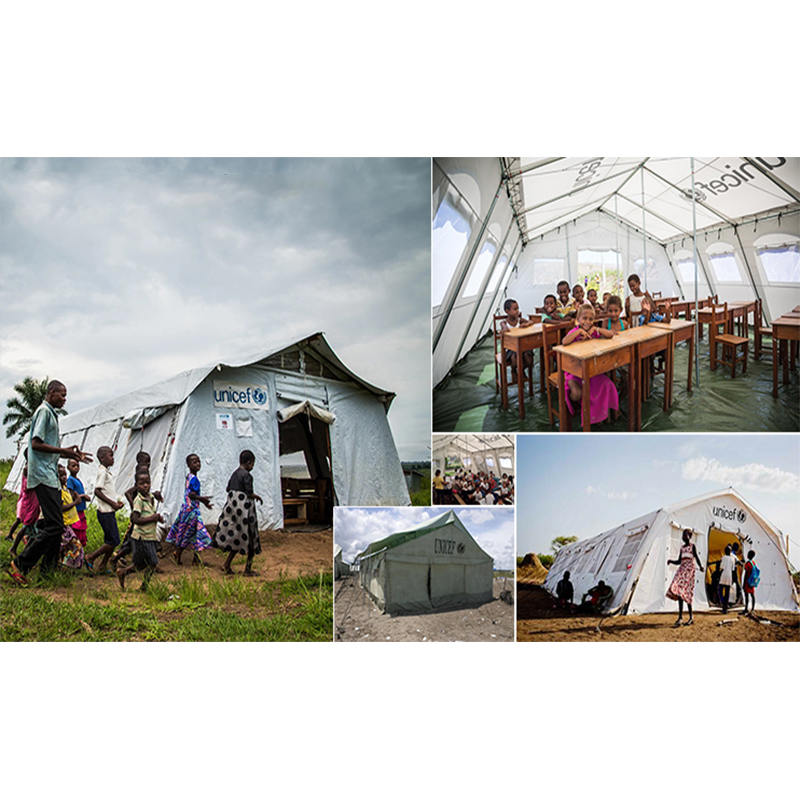 UNICEF Standard 24 m² monikäyttöinen teltta, jossa hyvä ilmanvaihtojärjestelmä